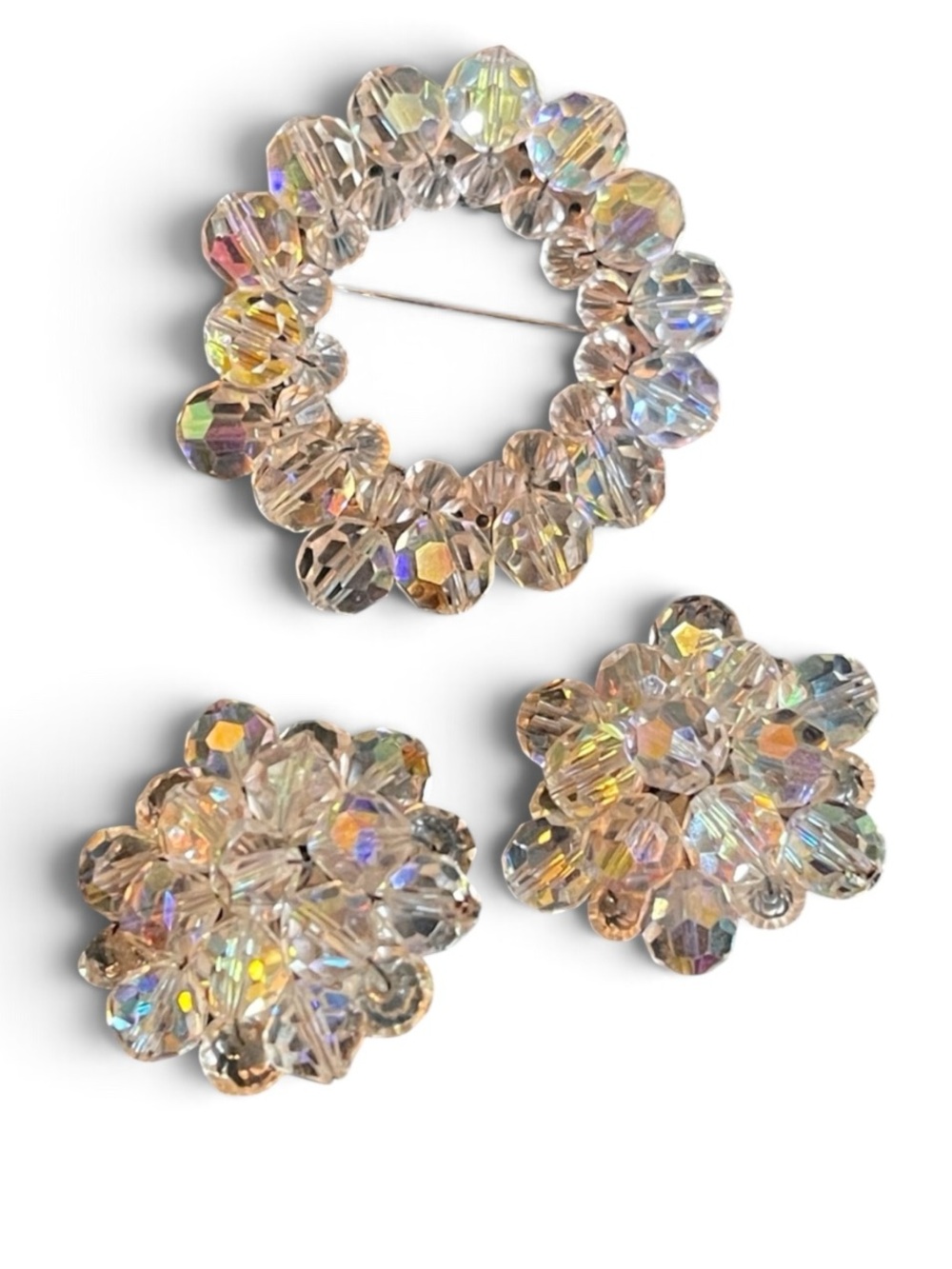 Vintage Aurora Borealis Cluster Wreath Brooch & Clip-On Earring Set